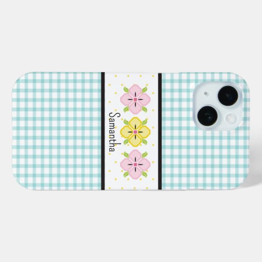 Aqua Gingham Plaid Floral Monogram Case-Mate iPhone Case (Achterkant (horizontaal))