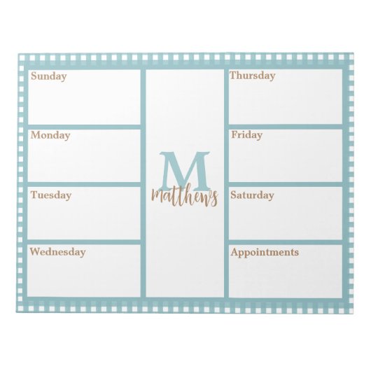 Aqua Gingham Plaid Weekly Planner Notitieblok (Voorkant)