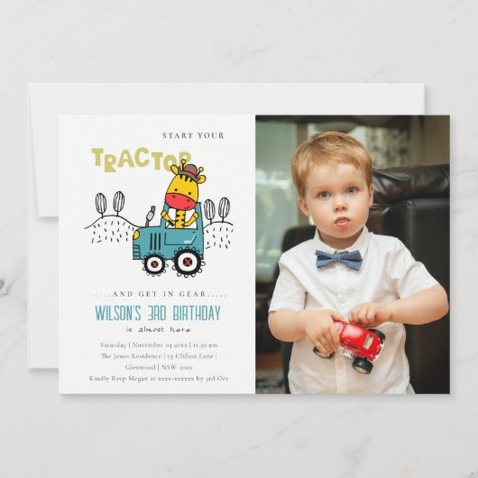 Aqua Giraffe in Boerderij Tractor Boys Foto Verjaa Kaart (Voorkant)