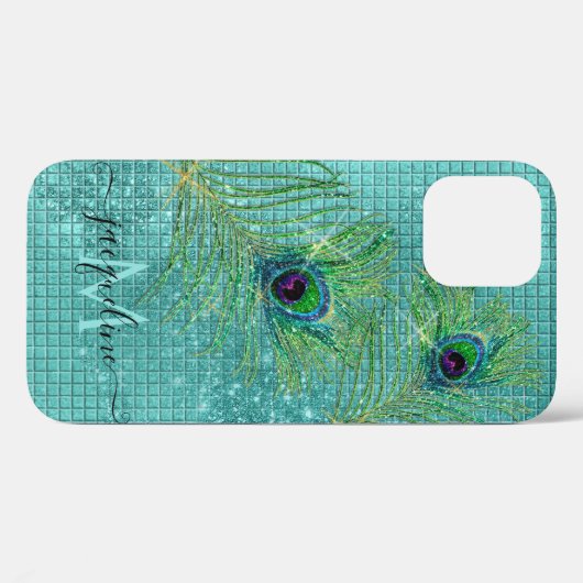 Aqua Girly Gold Glitter Peacock Monogram Case-Mate iPhone Case (Achterkant (horizontaal))