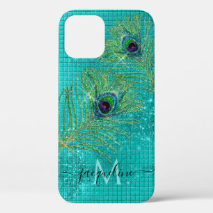 Aqua Girly Gold Glitter Peacock Monogram Case-Mate iPhone Case