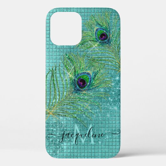 Aqua Girly Gold Glitter Peacock Monogram Case-Mate iPhone Case (Achterkant)