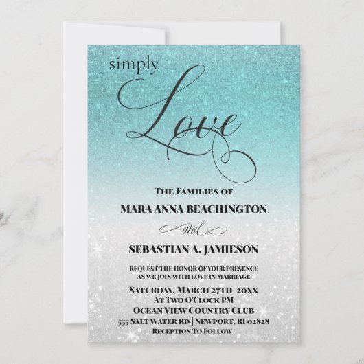 ** Aqua Glitter Beach Destination Wedding Kaart (Voorkant)