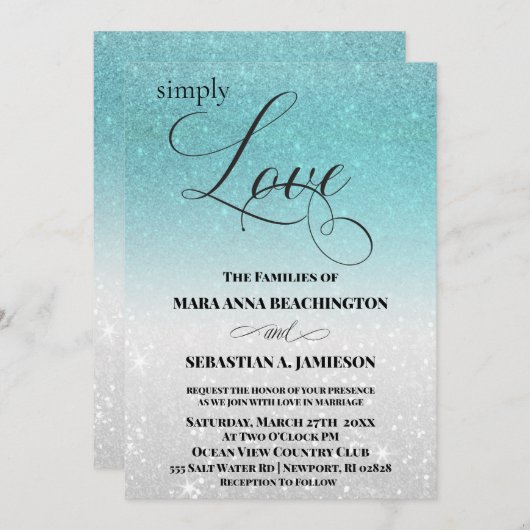 ** Aqua Glitter Beach Destination Wedding Kaart (Voorkant / Achterkant)