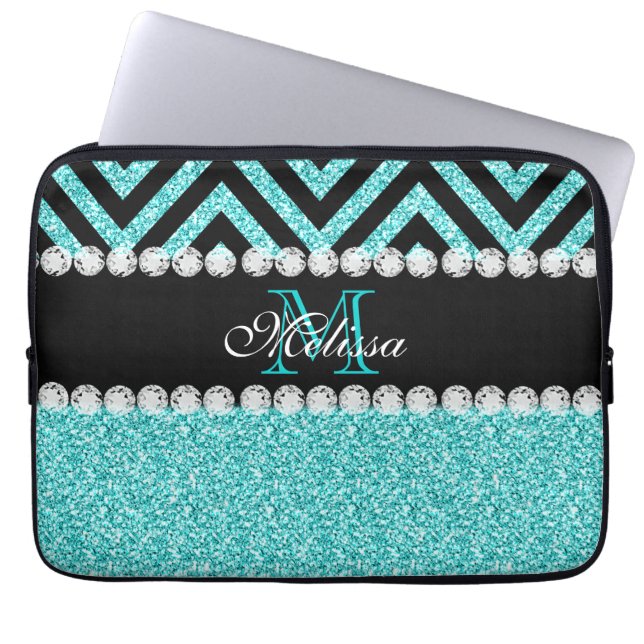AQUA GLITTER BLACK CHEVRON MONOGRAM LAPTOP SLEEVE (Voorkant)