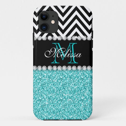 AQUA GLITTER BLACK CHEVRON MONOGRAMMED Case-Mate iPhone CASE (Achterkant)