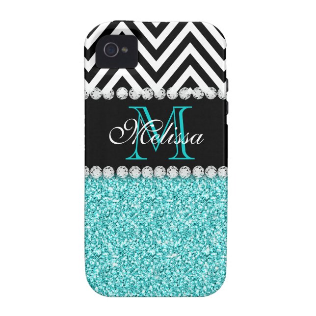AQUA GLITTER BLACK CHEVRON MONOGRAMMED Case-Mate iPhone CASE (Achterkant)