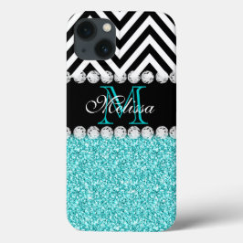 AQUA GLITTER BLACK CHEVRON MONOGRAMMED Case-Mate iPhone CASE