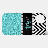 AQUA GLITTER BLACK CHEVRON MONOGRAMMED Case-Mate iPhone CASE (Achterkant (horizontaal))