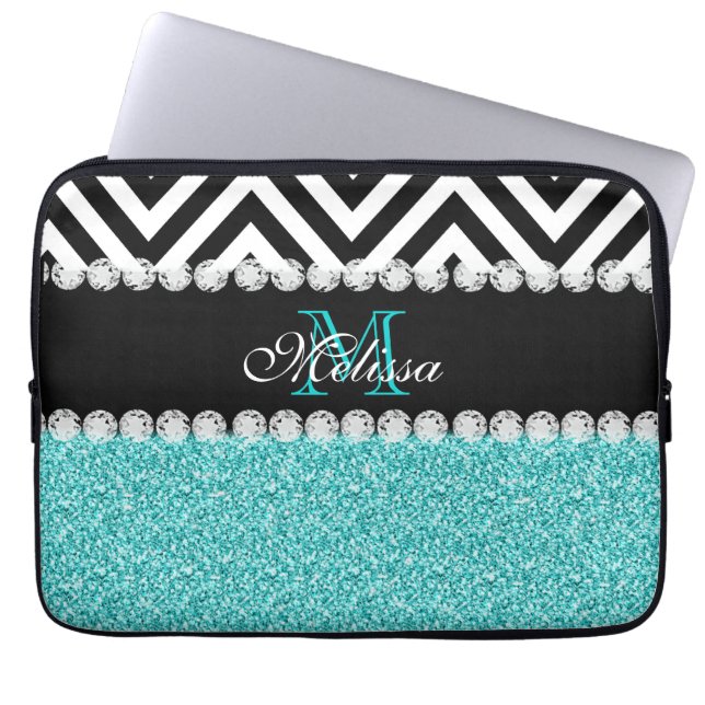 AQUA GLITTER BLACK CHEVRON MONOGRAMMED LAPTOP SLEEVE (Voorkant)