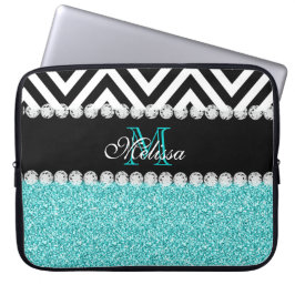 AQUA GLITTER BLACK CHEVRON MONOGRAMMED LAPTOP SLEEVE