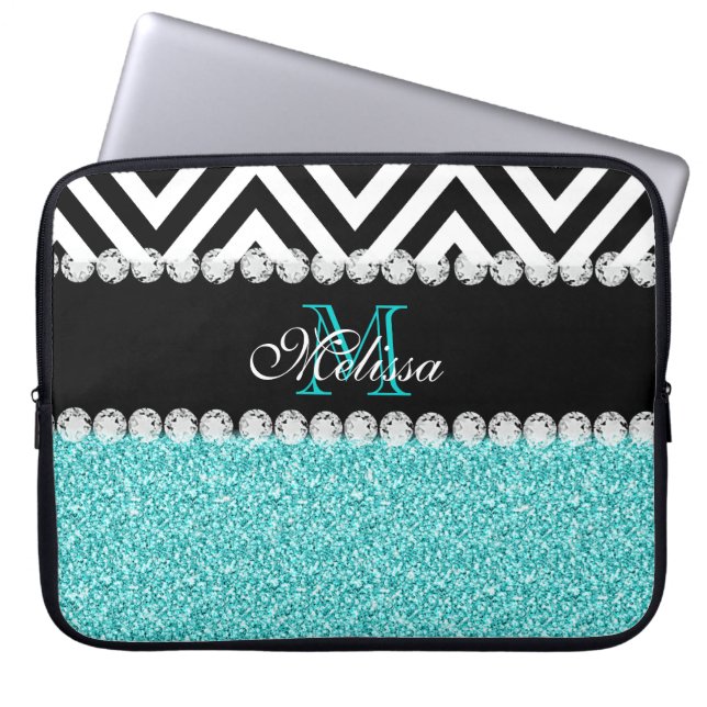 AQUA GLITTER BLACK CHEVRON MONOGRAMMED LAPTOP SLEEVE (Voorkant)