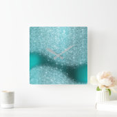 Aqua Glitter Blauwgroen Metaal Glass Grey Minimal Vierkante Klok (Huis)