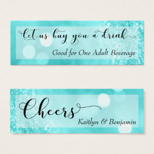 Aqua Glitter Bokeh Script Mini Drink Ticket Visitekaartjes