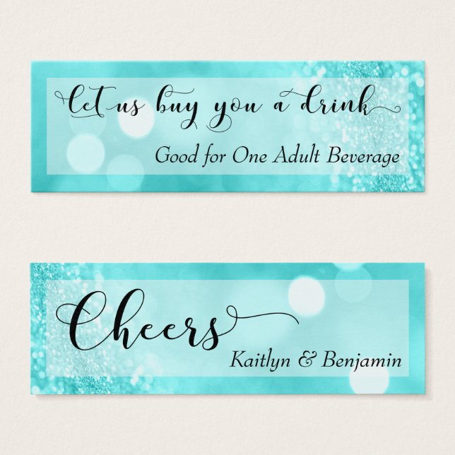 Aqua Glitter Bokeh Script Mini Drink Ticket Visitekaartjes (Voorkant /achterkant)