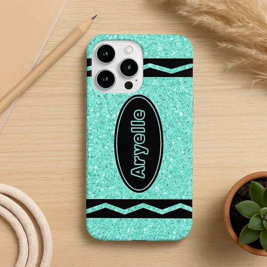 Aqua Glitter Crayon Aangepaste naam iPhone / iPad  Case-Mate iPhone Case
