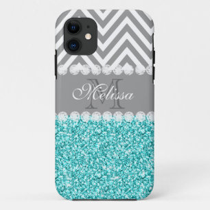 AQUA GLITTER, GRAY CHEVRON, MONOGRAMMER iPhone 11 HOESJE