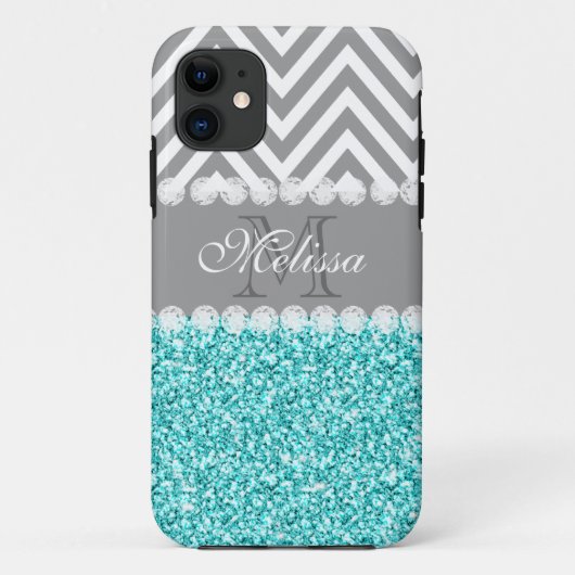 AQUA GLITTER, GRAY CHEVRON, MONOGRAMMER Case-Mate iPhone CASE (Achterkant)