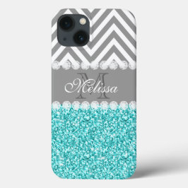 AQUA GLITTER, GRAY CHEVRON, MONOGRAMMER iPhone 13 HOESJE
