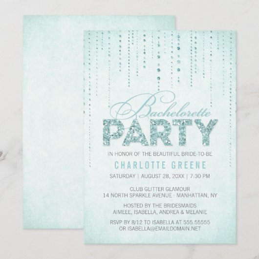 Aqua Glitter Kijk Bachelorette Party Uitnodiging (Voorkant / Achterkant)