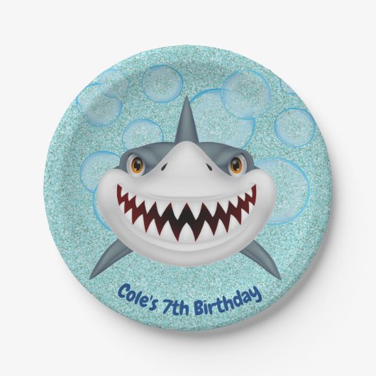 Aqua Glitter Kinder Shark Birthday Paper Borden Papieren Bordje (Voorkant)