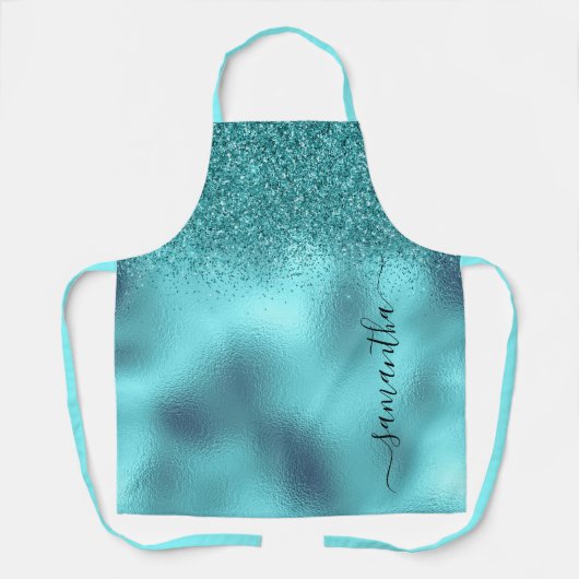 Aqua Glitter Metallic Handgeschreven Monogram Naam Schort (Voorkant)