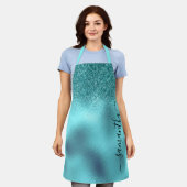 Aqua Glitter Metallic Handgeschreven Monogram Naam Schort (Gedragen)