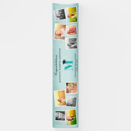 Aqua Glitter Monogram 10 Foto Graduation Party Spandoek (Verticaal)