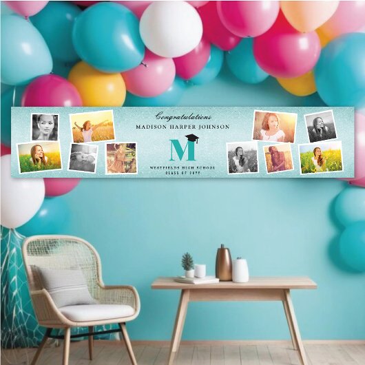 Aqua Glitter Monogram 10 Foto Graduation Party Spandoek