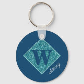 Aqua Glitter Monogram Button Sleutelhanger (Voorkant)