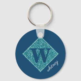 Aqua Glitter Monogram Button Sleutelhanger