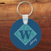 Aqua Glitter Monogram Button Sleutelhanger (Voorkant)