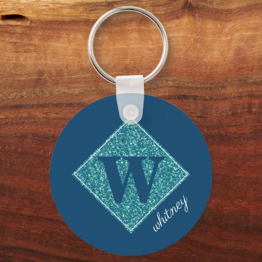 Aqua Glitter Monogram Button Sleutelhanger (Voorkant)