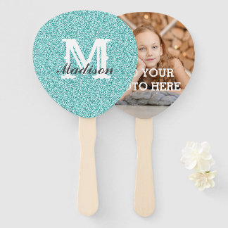 Aqua Glitter Monogram Hand Fan Handwaaier