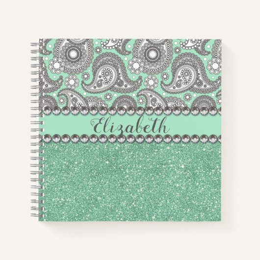 Aqua Glitter Paisley Rhinestone Personaliseren Notitieboek (Voorkant)
