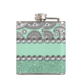 Aqua Glitter Paisley Rhinestone Print Patroon Heupfles (Achterkant)