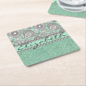 Aqua Glitter Paisley Rhinestone Print Patroon Kartonnen Onderzetters (Schuin)