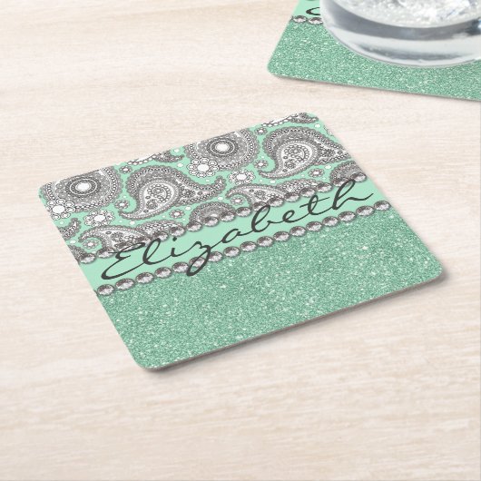 Aqua Glitter Paisley Rhinestone Print Patroon Kartonnen Onderzetters (Schuin)