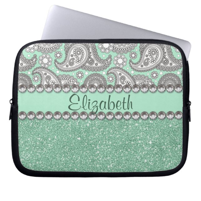 Aqua Glitter Paisley Rhinestone Print Patroon Laptop Sleeve (Voorkant)
