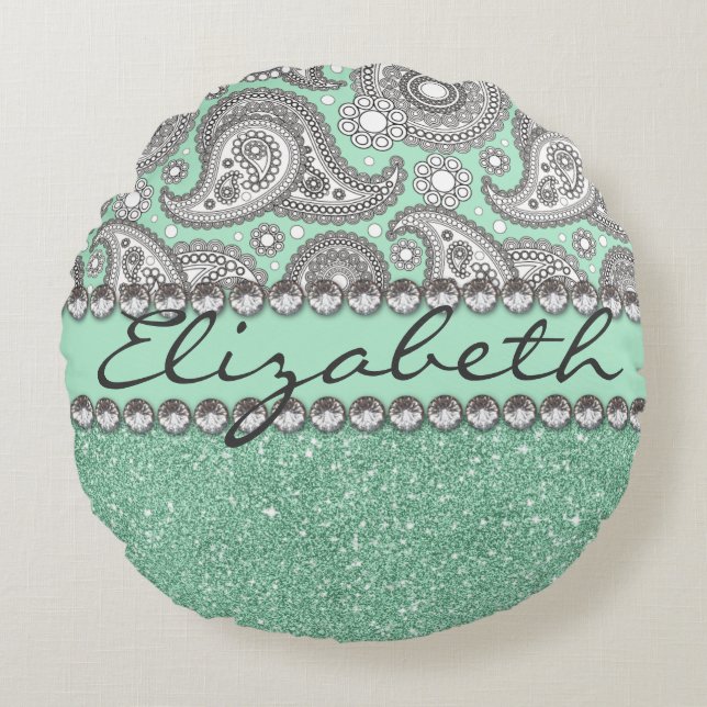 Aqua Glitter Paisley Rhinestone Print Patroon Rond Kussen (Voorkant)