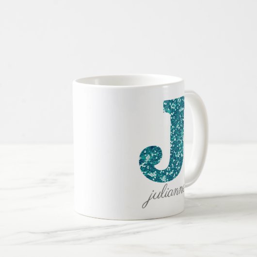 Aqua Glitter Pattern Letter J name Mok (Voorkant rechts)