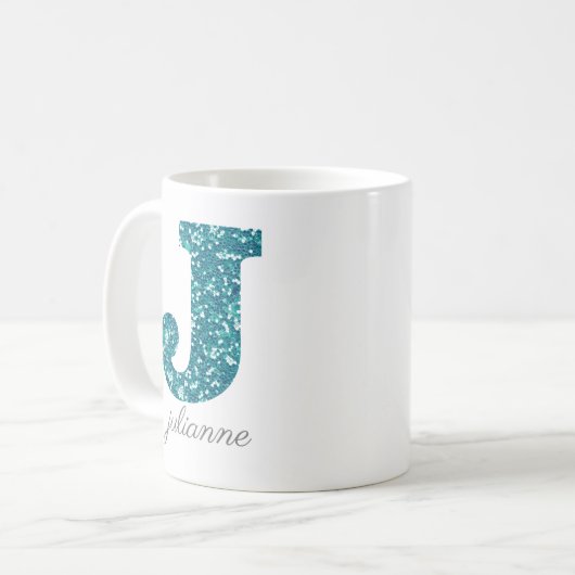 Aqua Glitter Pattern Letter J name Mok (Voorkant links)