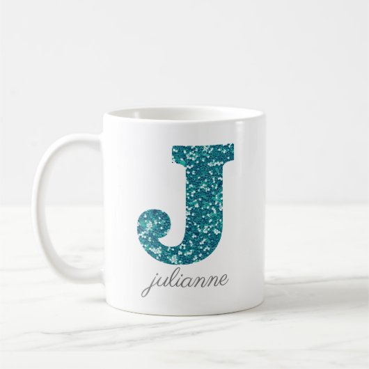Aqua Glitter Pattern Letter J name Mok (Links)