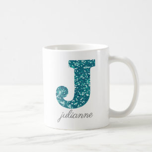 Aqua Glitter Pattern Letter J name Mok