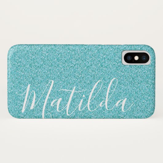 Aqua Glitter Persoonlijk naamscript Case-Mate iPhone Case (Achterkant (horizontaal))