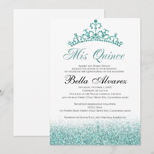 Aqua Glitter Quinceañera Uitnodiging Mis Quince (Voorkant / Achterkant)