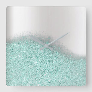 Aqua Glitter Silver Grey Minimal Metallic Vierkante Klok