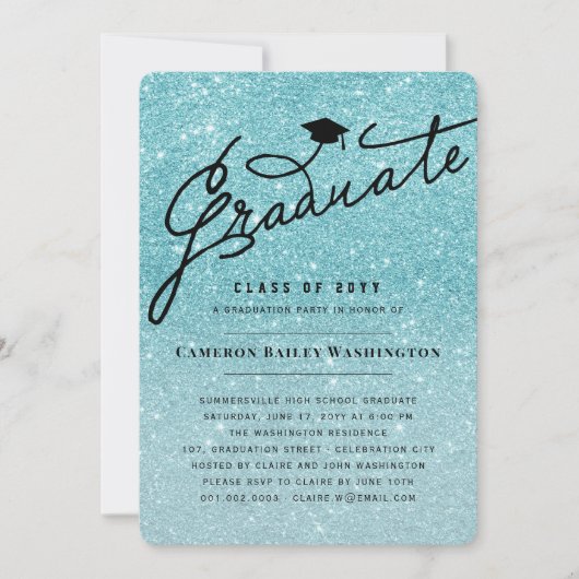 Aqua Glitter Stylish Afstuderen Graduation Party Kaart (Voorkant)
