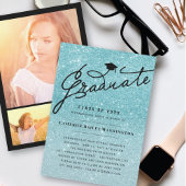 Aqua Glitter Stylish Afstuderen Graduation Party Kaart
