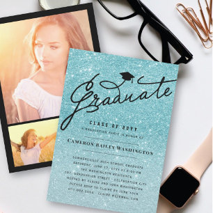 Aqua Glitter Stylish Afstuderen Graduation Party Kaart